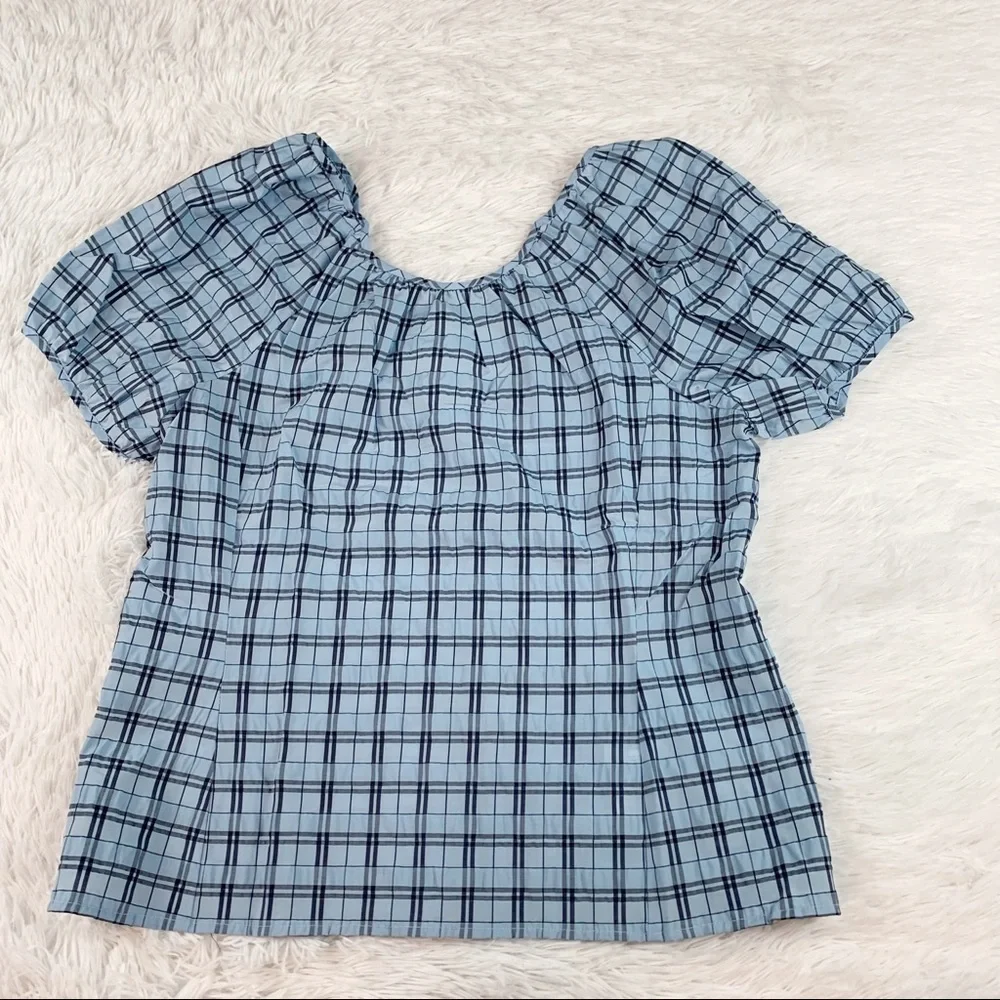 J Crew New V-back puff-sleeve top blouse in textured‎ plaid blue mist navy
